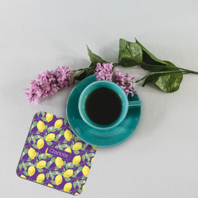 Dessous-de-verre Carré En Papier Citron motif nom personnalisé jaune violet (Créateur téléchargé)