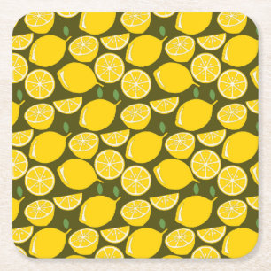 Dessous-de-verre Carré En Papier Citrons jaunes et motif vert olive : Citrus modern