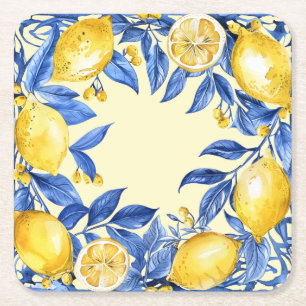 Dessous-de-verre Carré En Papier Citrons portugais sur fond bleu