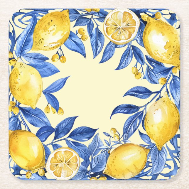 Dessous-de-verre Carré En Papier Citrons Portugais sur Fond Bleu (Devant)