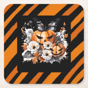 Dessous-de-verre Carré En Papier Citrouille florale d'Halloween orange