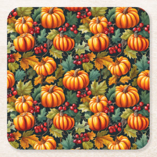Dessous-de-verre Carré En Papier Citrouilles dans les feuilles avec des baies