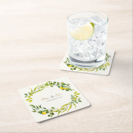 Dessous-de-verre Carré En Papier Citrus Yellow and Green Watercolor Lemon Wedding