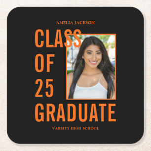 Dessous-de-verre Carré En Papier Classe De 25 Black & Orange Photo Graduation Party