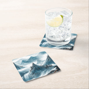 Dessous-de-verre Carré En Papier Classic Bleu Blanc Chinoiserie Montagne Paysage