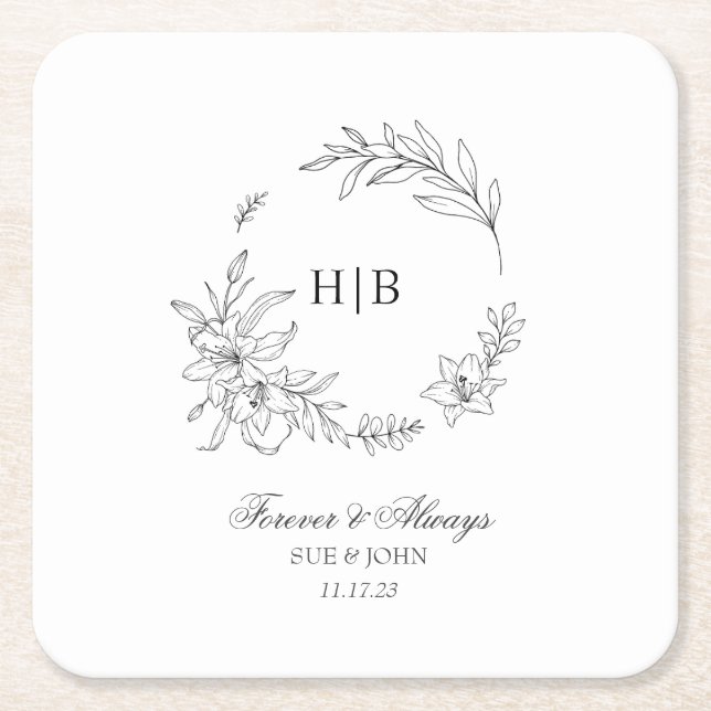 Dessous-de-verre Carré En Papier Classic Floral Wreath Monogram Wedding (Devant)