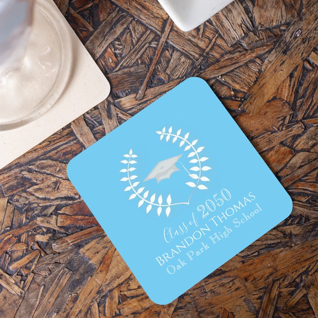 Dessous-de-verre Carré En Papier Classic Graduation Party Carolina Blue Custom (Carolina blue laurel leaf custom graduation party paper coaster. )