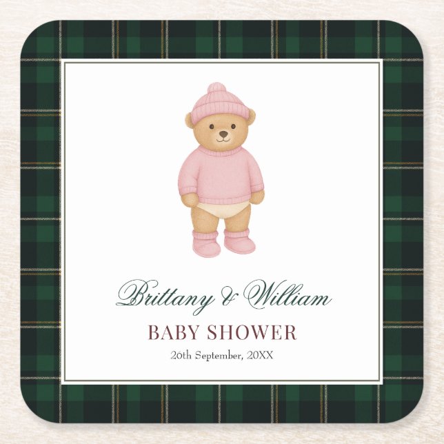 Dessous-de-verre Carré En Papier Classic Preppy Bear Green Tartan Plaid Baby Shower (Devant)