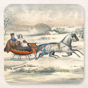 Dessous-de-verre Carré En Papier Classique 1853 Promenade en traîneau Currier Ives