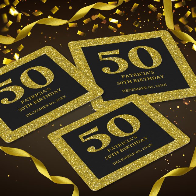 Dessous-de-verre Carré En Papier Classy Black and Gold Parties scintillant 50e fête (Classy Black Gold Glitter 50th Birthday Party favors glittery glam classy  coasters)