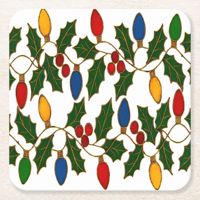 Dessous-de-verre Carré En Papier Cloisonne Art Christmas Lights and Holly (Devant)