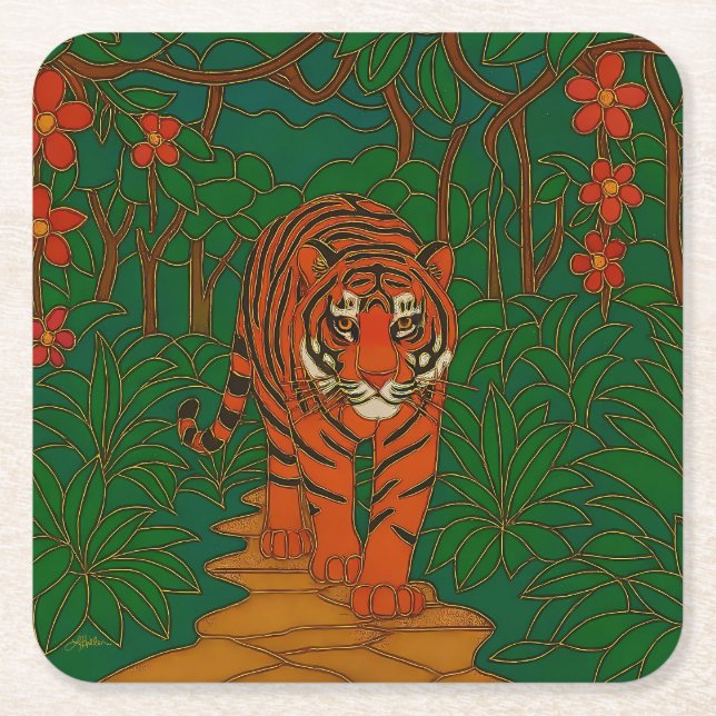 Dessous-de-verre Carré En Papier Cloisonne Art Tiger on the Jungle Path (Devant)