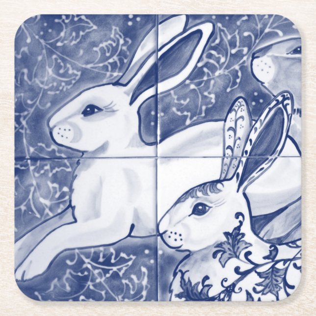 Dessous-de-verre Carré En Papier Cobalt Blue Rabbit Chinoiserie Dedham Delft Navy (Devant)