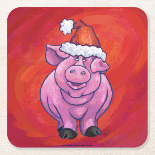 Dessous-de-verre Carré En Papier Cochon mignon à Santa Hat sur rouge