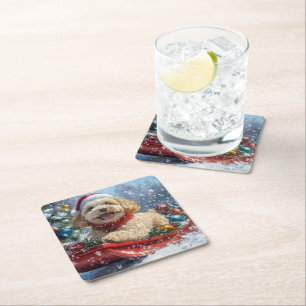 Dessous-de-verre Carré En Papier Cockapoo Dog in Sledge Let it Neige Christmas