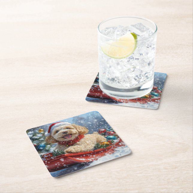 Dessous-de-verre Carré En Papier Cockapoo Dog in Sledge Let it Neige Christmas (En situation)