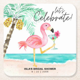 Dessous-de-verre Carré En Papier Cocktail de plage flamant rose pour une fête prénu