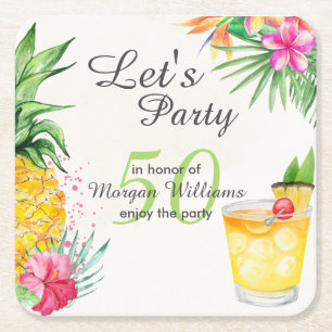 Dessous-de-verre Carré En Papier Cocktail d'été tropical 50e fête d'anniversaire