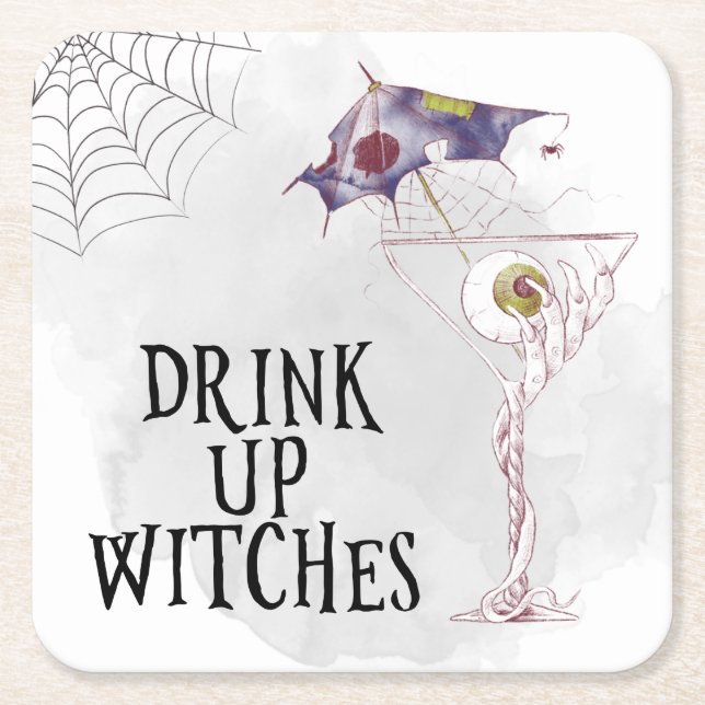 Dessous-de-verre Carré En Papier Cocktail Halloween Boire jusqu'à sorcières fête (Devant)