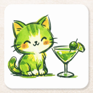 Dessous-de-verre Carré En Papier Cocktails verts et chats