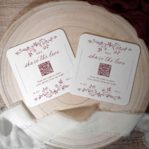Dessous-de-verre Carré En Papier Code QR de mariage floral bordeaux rouge foncé vin