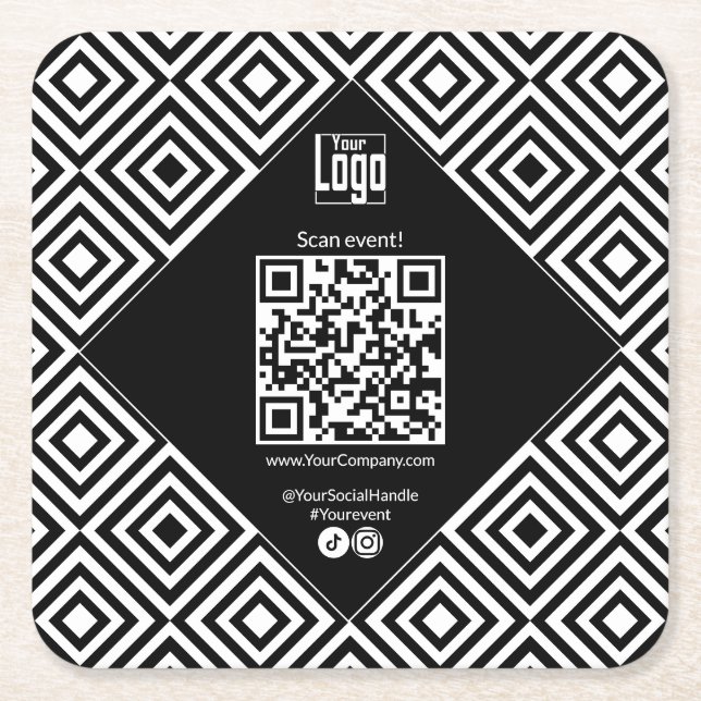 Dessous-de-verre Carré En Papier Code QR scannable, CTA, www, Social Black & White (Devant)