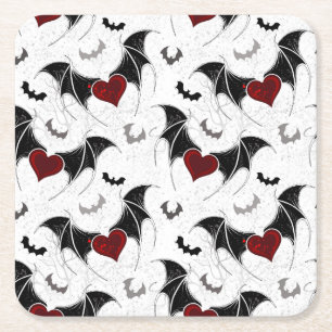 Dessous-de-verre Carré En Papier Coeur d'Halloween avec ailes de chauve-souris noir