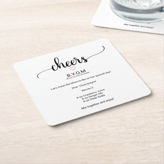 Dessous-de-verre Carré En Papier Coeur rose Noir Calligraphie Baby shower Mocktail (Incliné)