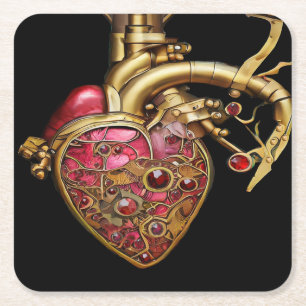 Dessous-de-verre Carré En Papier Cœur Steampunk Rubis et Engrenages Anatomiques