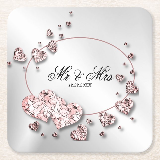 Dessous-de-verre Carré En Papier Cœurs Brillants Rose Pêche Élégant Géométrique (Devant)