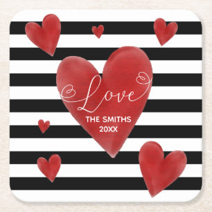 Dessous-de-verre Carré En Papier Coeurs et rayures rouges d'aquarelle