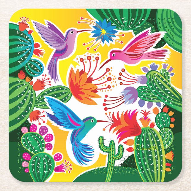 Dessous-de-verre Carré En Papier Colibris et cactus en fleurs (Devant)