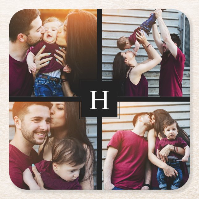 Dessous-de-verre Carré En Papier Collage de 4 photos et monogramme (Devant)