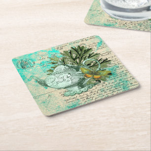 Dessous-de-verre Carré En Papier Collage de théière et d'éphémère vintage