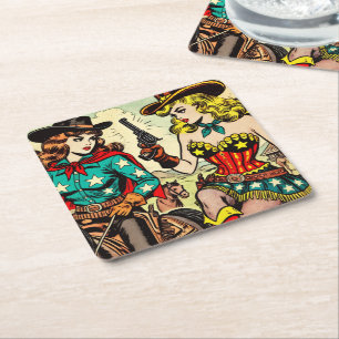 Dessous-de-verre Carré En Papier Comics Western Cowgirl vintage