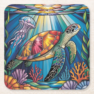 Dessous-de-verre Carré En Papier Conception vibrante de tortue marine en verre colo