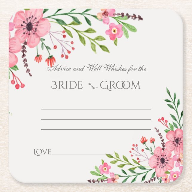 Dessous-de-verre Carré En Papier Conseils et bons souhaits, Fleurs d'aquarelle rose (Devant)