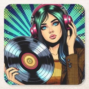 Dessous-de-verre Carré En Papier Cool Pop Art Comic Style Girl avec Album de Vinyl