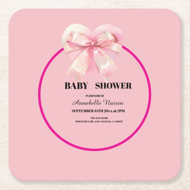 Dessous-de-verre Carré En Papier Coquette Pink Bow Ribbon Girl Baby Shower (Devant)