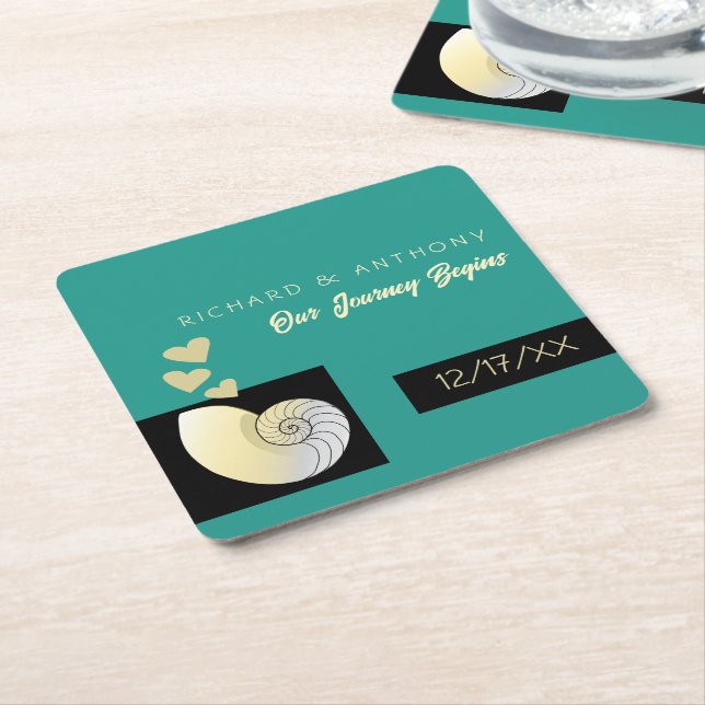 Dessous-de-verre Carré En Papier Coquillage et Coeurs, Mariage plage (Incliné)