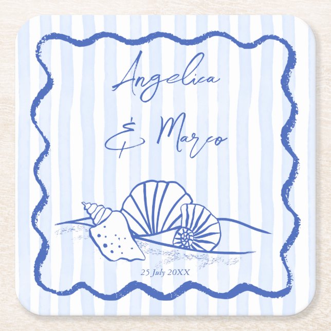 Dessous-de-verre Carré En Papier Coquillages bleu ondulé bordé plage mariage faveur (Devant)