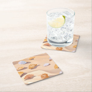 Dessous-de-verre Carré En Papier Coquillages dans le Sable   Aquarelle Océan Plage