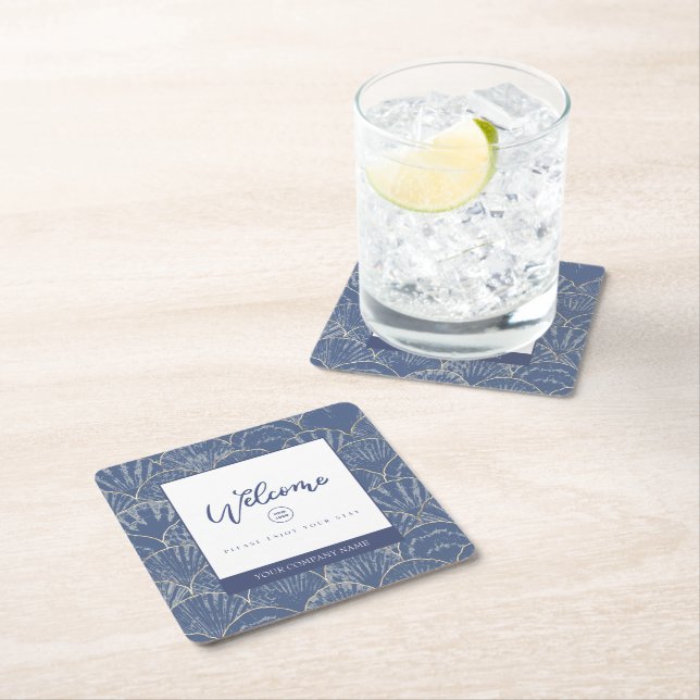 Dessous-de-verre Carré En Papier Coquille d'aquarelle bleu profond et or (En situation)