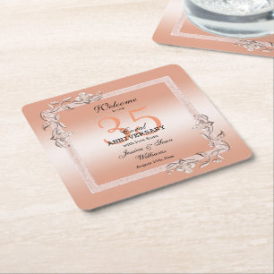 Dessous-de-verre Carré En Papier Coral Gem & Parties scintillant 35e anniversaire d