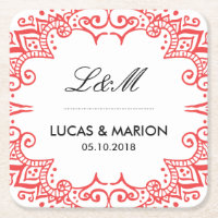 Coral Red Floral Swirl Curl Déco Art Wedding Party