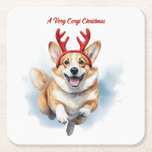 Dessous-de-verre Carré En Papier Corgi de Noël avec des bois de rennes bondissant