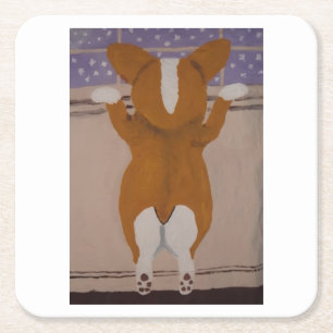 Dessous-de-verre Carré En Papier Corgi regardant par la fenêtre