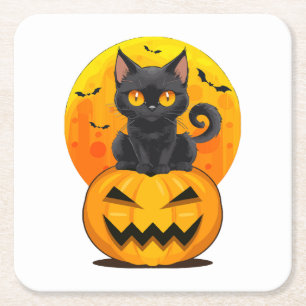 Dessous-de-verre Carré En Papier Costume d'Halloween Citrouille Chat Noir