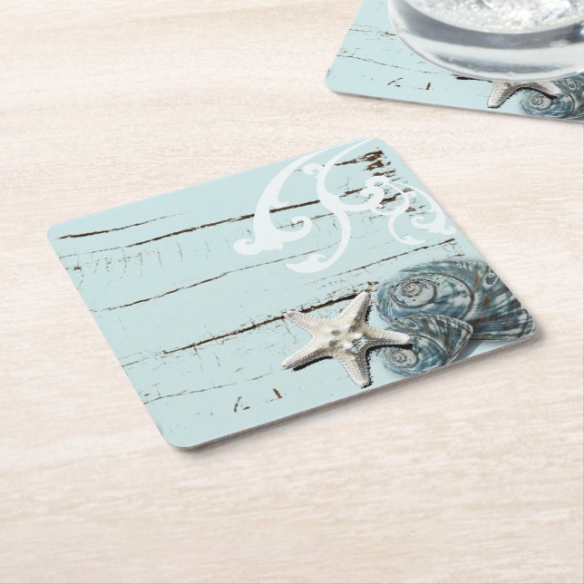 Dessous-de-verre Carré En Papier Côté aqua bleu plage bois étoile coquillage (Incliné)