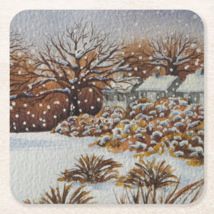 Dessous-de-verre Carré En Papier cottages ruraux scène de neige Noël original
